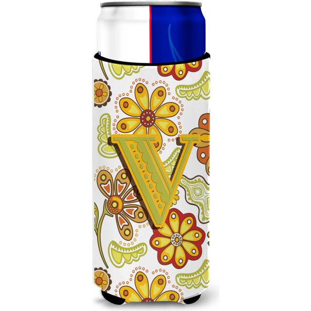 Letter V Floral Mustard and Green Ultra Beverage Insulators for slim cans CJ2003-VMUK