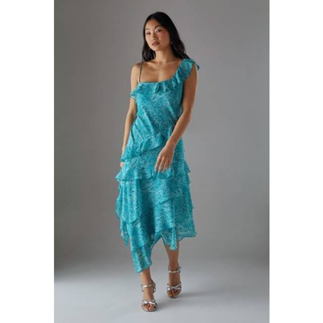 Womens Petite Chiffon Asymmetric Hem Ruffle Midi Slip Dress - Blue - 6