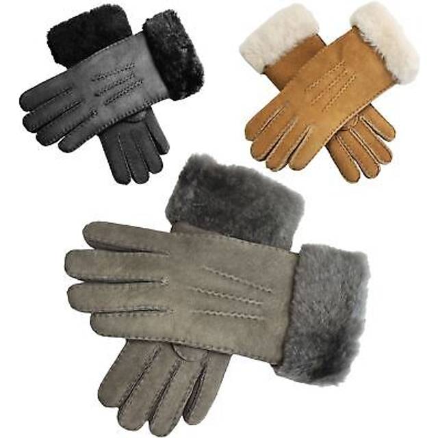 Infinity Leather Womens Genuine Grey Sheepskin Suede Gloves with Fur Cuff - Size Medium