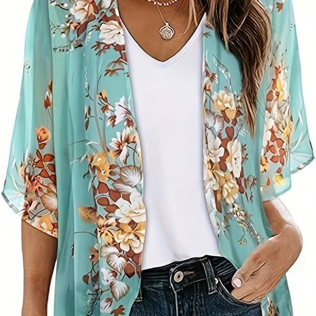 TEMU Women's Kimono Beach Loose Chiffon Cardigan Floral Top Casual Outing Cape Cardigan Casual Outing Floral Top