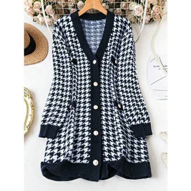 Plus Size V-ringad Houndstooth-mönster, långärmad cardigan-tröja för kvinnor, höst/vinter - Marinblå (0XL,1XL,2XL,3XL)