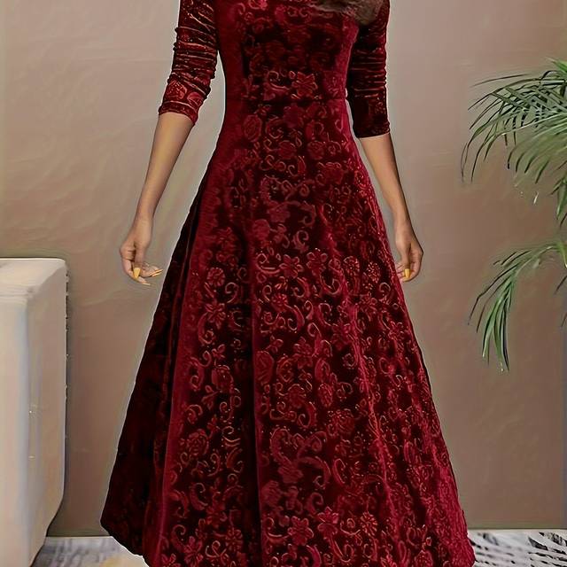 TEMU Floral Pattern Square Neck Velvet Dress, Elegant Long Sleeve Aline Swing Dress For Spring & Fall, Women's Clothing
