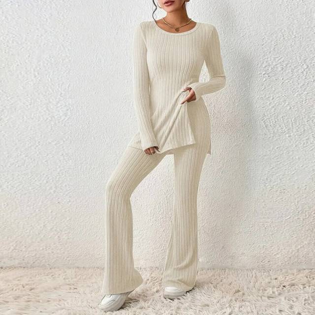 (Ivory, M = 8) Womens Winter Knitted Slim 2 Pieces Lounge Wear Casual Set Ladies Suit Tracksuit