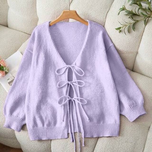 Flirla Plus Size Casual Solid Color Lantern Sleeve Tie Front Cardigan