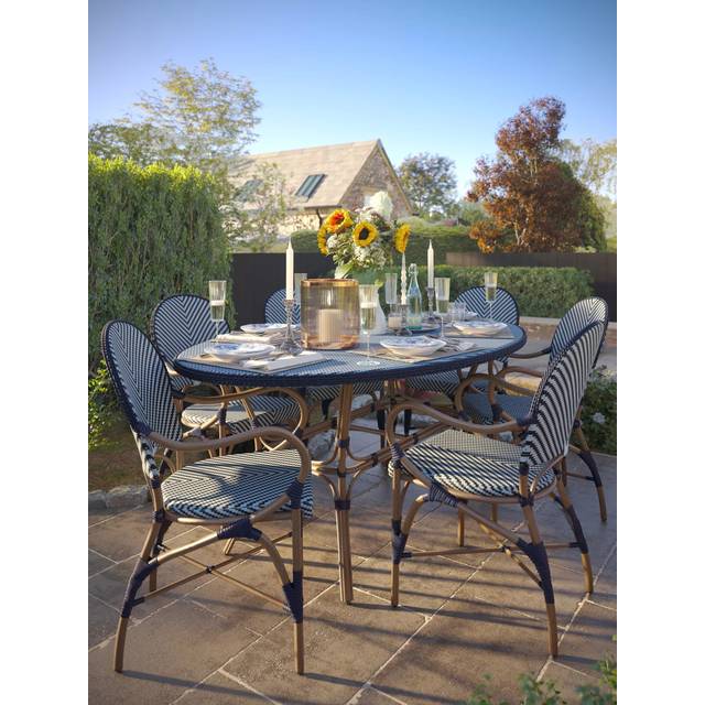 Laura Ashley Riviera 6-Seater Woven Oval Garden Dining Table & Chairs Set, Navy