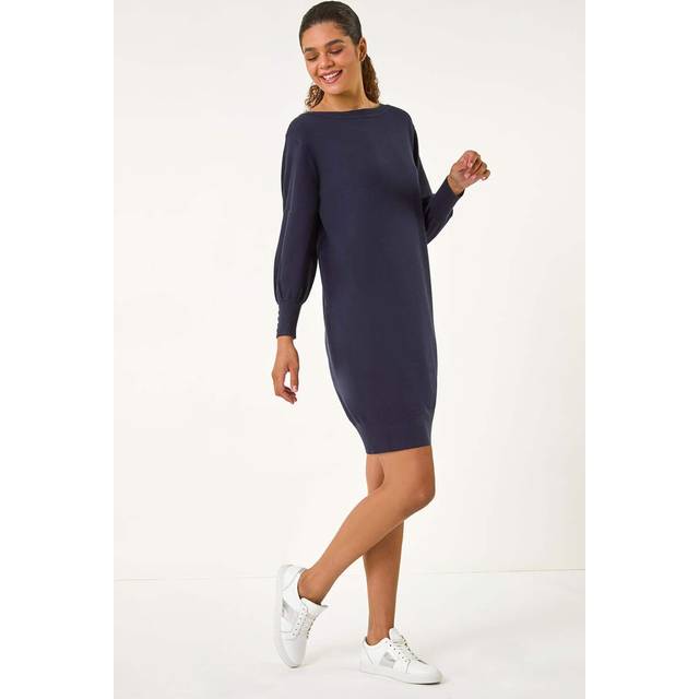 Button Detail Slash Neck Knitted Stretch Dress - Navy - 18