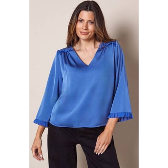 Womens Satin Flute Sleeve Frill Detail Blouse - Blue - 8