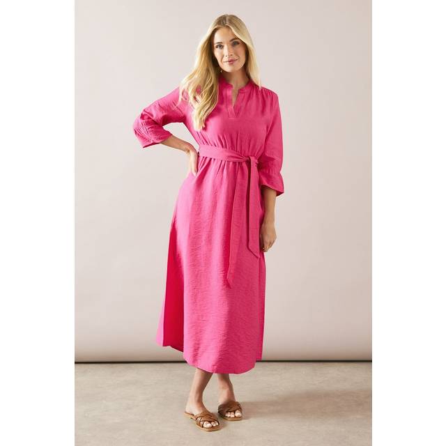 Womens Petite Collarless Belted Shirt Dress - Pink - 18