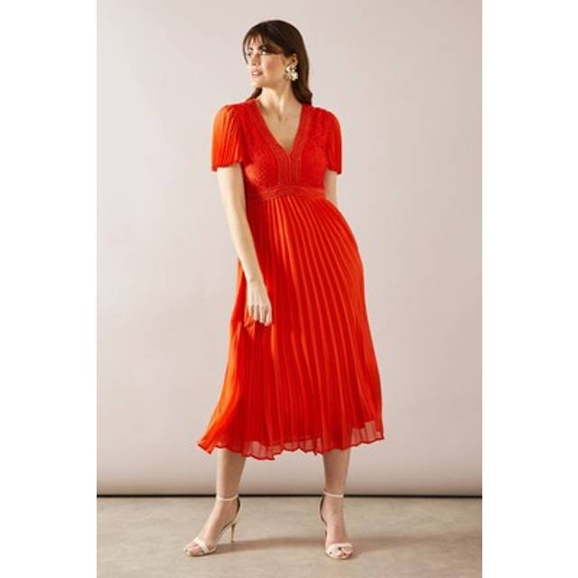 Womens Lace Pleated Sleeve Midi Dress - Orange - 10