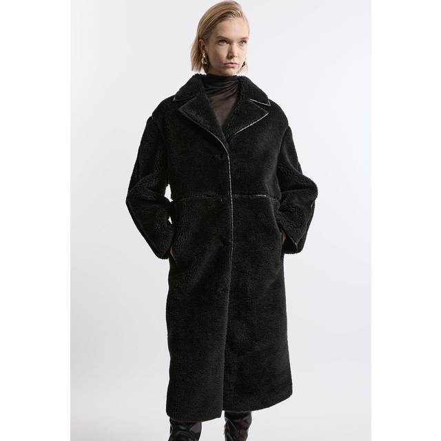 Faux Fur Pu Trim Longline Coat - Black