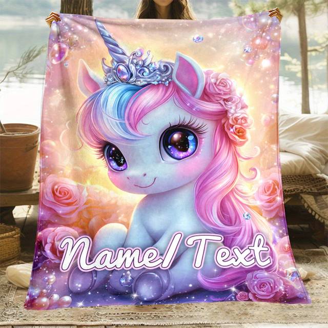 TEMU Custom Name Princess-themed Fleece Throw Blanket – 1pc Personalized, Soft, Lightweight Flannel For Sofa, Bed, Travel, Office – No Feathers, 100% Polyester, Electricity-free Use