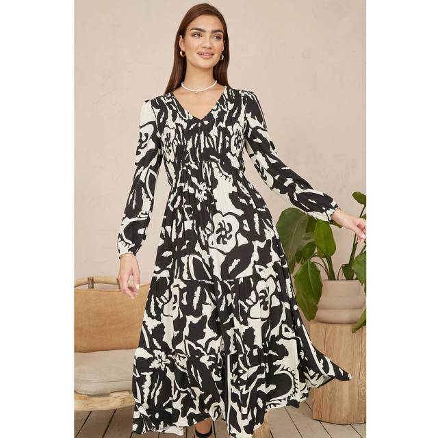 Black Abstract Print Ruched Midi Dress With Long Sleeves - 10
