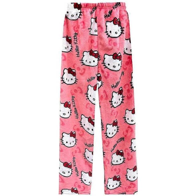 (Rose Red, 2XL) Cartoon Pajamas Anime Hello Kitty Pants Multicolour Flannel Women Casual Home Fashion Trousers Girl Clothes Gift