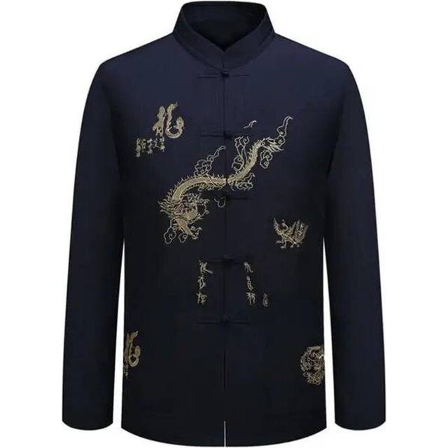 (M, navy blue) Dragon Patterns  Faddish Casual Chinese Style Men Washable Casual Men Shirt Long-sleeve For Walking