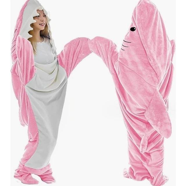 (pinkl, XXL) Shark Pajama Sets Super Soft Velvet Hoodie Sleeping Loose One-piece Pajamas Blue Siamese Sleepwear Women Pijama Mujer