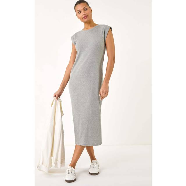Roman Grey Ribbed Cap Sleeve Midi Dress - Size 18