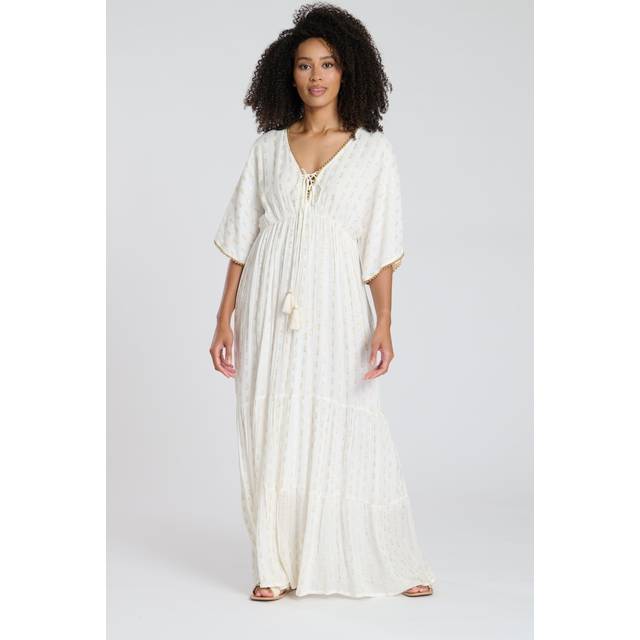 South Beach Metallic Jacquard Spot Tiered Maxi Dress - Cream, Cream, Size 8, Women