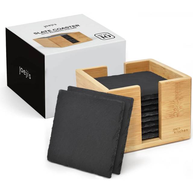 ??Joeji's Kitchen Set of 10 Drink Coasters Mats 100% Natural Grey Slate Heat Resistant Slate Coaster Stylish Slate Coasters with Holder Multipurpose