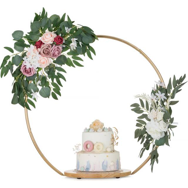 NUPTIO Cake Stand Wedding Pedestal: 29.6cm Afternoon Tea Cupcake Display Wooden Vintage Stands with Gold Metal Hoop Round Cup for Birthday Party