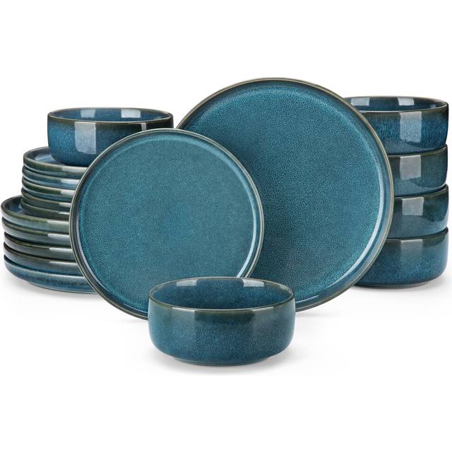 vancasso Vega Reactive Glaze Dinner Set, Blue Dinner Sets for 6 People, 18-Piece Plates and Bowls Set with Dinner Plates, Dessert Plate, Cereal Bowls