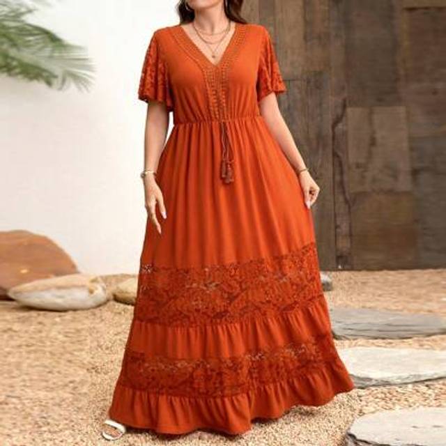 SHEIN Plus Size Elegant Lace Patchwork V-Neck Bohemian Style Dress, Going Out ,Overalls Women,Old Money Style Women,Summer Outfits For Women,Summer,Vacation