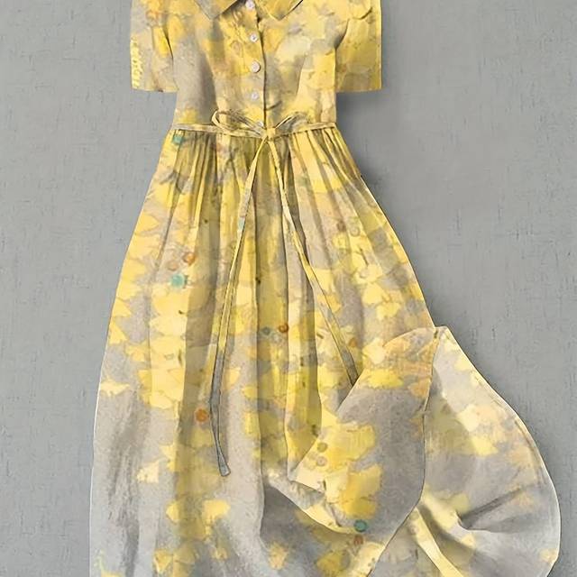 TEMU Women's Floral Print Short Sleeve Dress - Elegant Collar, A-line Silhouette, Spring/summer Collection, Yellow & Gray , Polyester Blend, Casual Yet Chic, Floral Dress
