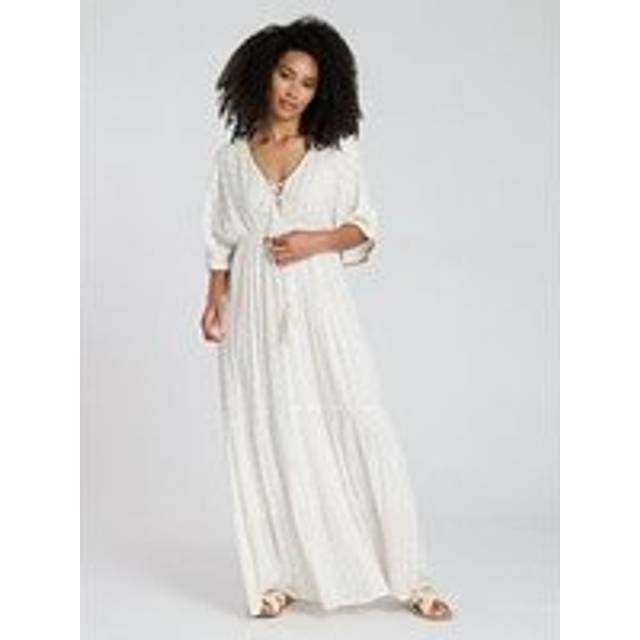 South Beach Metallic Jacquard Spot Tiered Maxi Dress, Cream