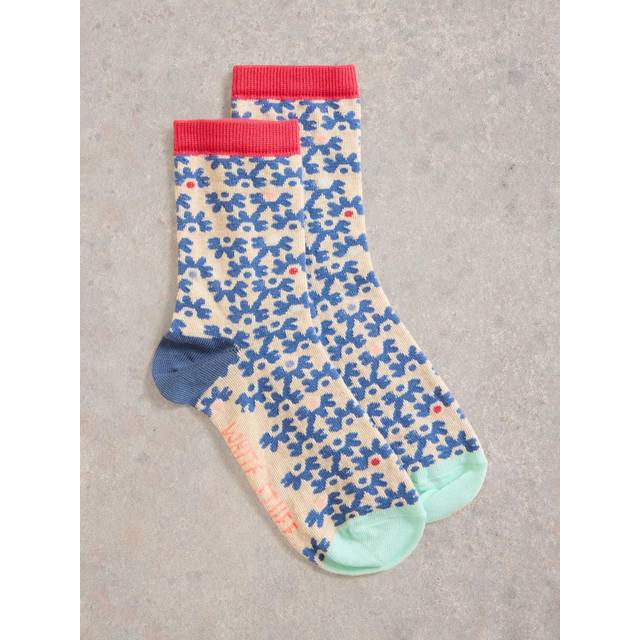 White Stuff Squiggle Flower Ankle Socks, Blue/Multi