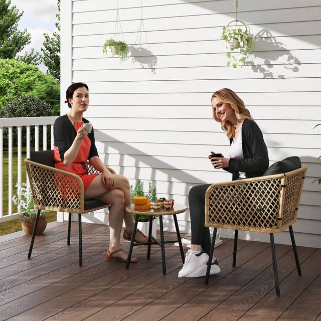 Outsunny 3 Piece Rattan Bistro Set with Cushions, Nature Wood Finish