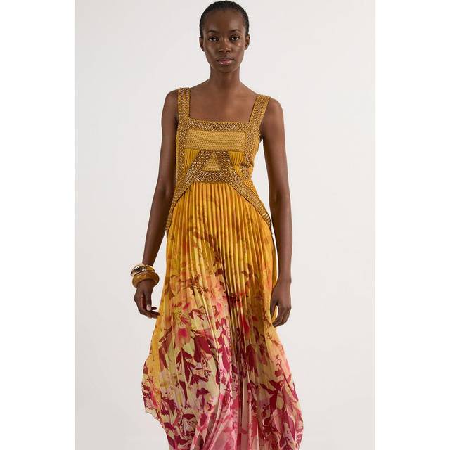 Tall Embellished Ombre Floral Pleated Woven Maxi Dress - Yellow