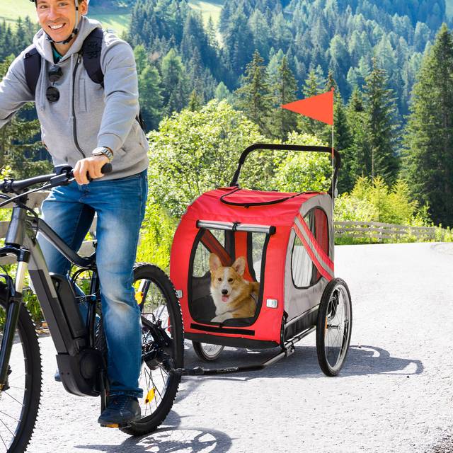 TEMU Dog Bike Trailer, 2 In 1 Foldable Dog Stroller With Hitch Coupler, Reflectors, Quick Release Wheels, Flag, Dog Trolley On Wheels For Medium Dogs
