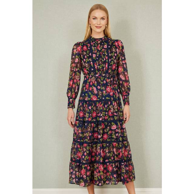 Yumi Navy Blossom Print Maxi Dress With Long Sleeves and Lace Trims - Size 8 UK - Yumi