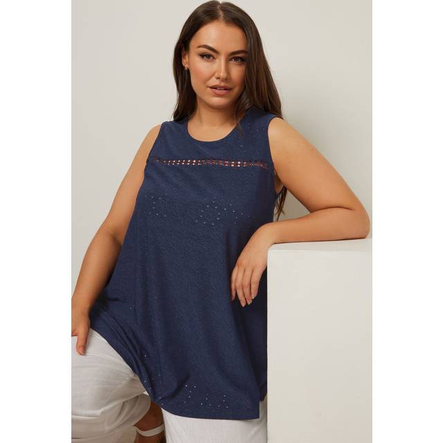 Yours Curve Navy Blue Floral Broderie Anglaise Vest Top, Women's Curve & Plus Size, Yours - 34-36