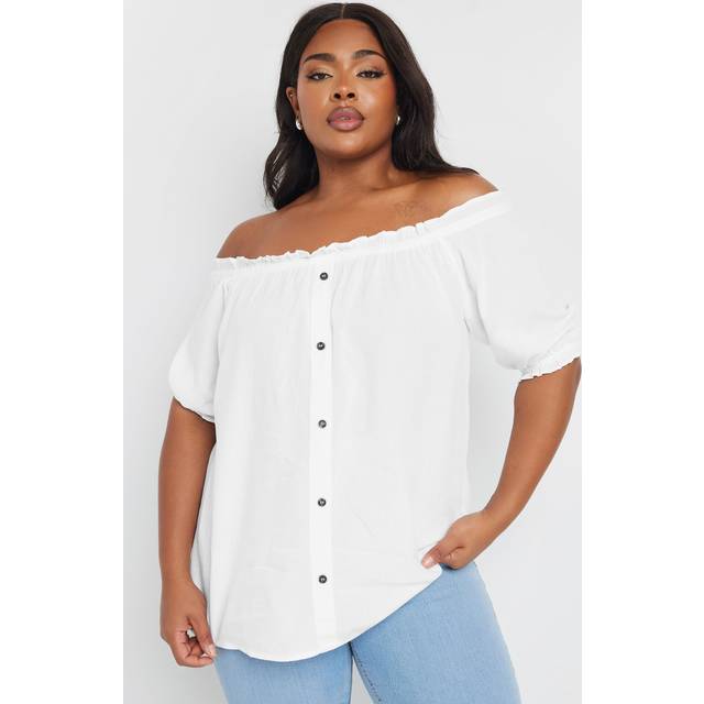 Yours Curve White Chambray Button Detail Bardot Top, Women's Curve & Plus Size, Yours - 26-28