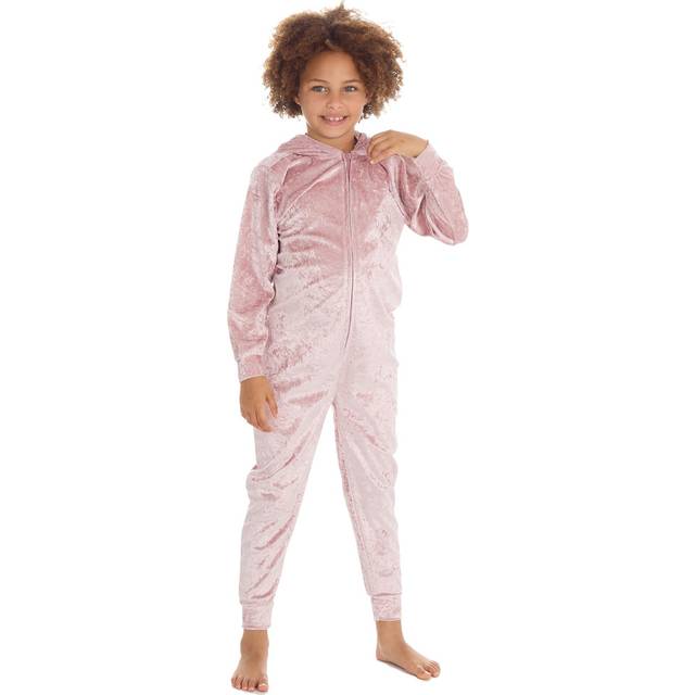 (Pink, 9-10 Years) Kids Girls Crushed Velvet Hooded All In One Piece Pyjama Velour Pjs Zipped Jumpsuit Size 7-13 Years