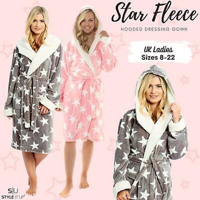 Womens ladies dressing gown star printed fleece super soft plush hooded robe