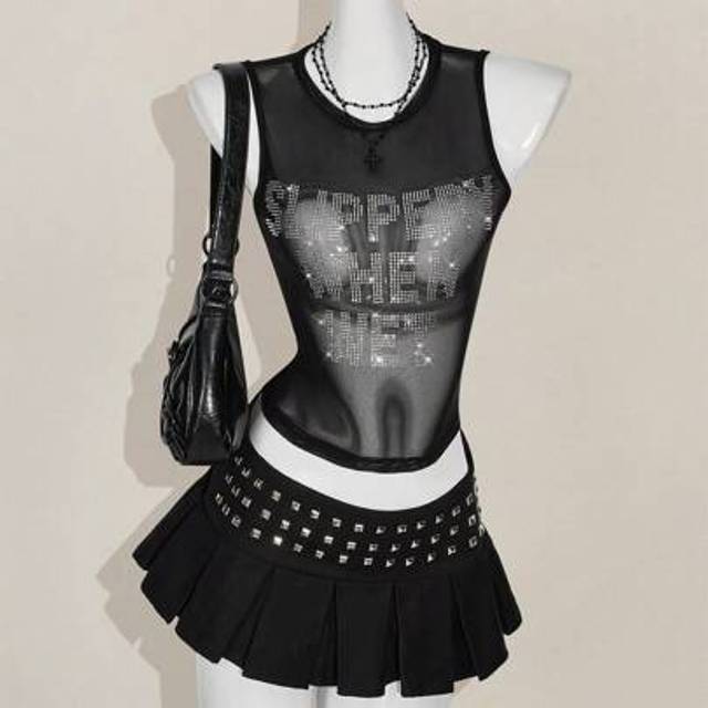 SHEIN Y2k Summer Black Mesh Sheer Sexy Rhinestone Glitter Women&#39;s Rhinestone Letter Mesh Backless Tight Camisole