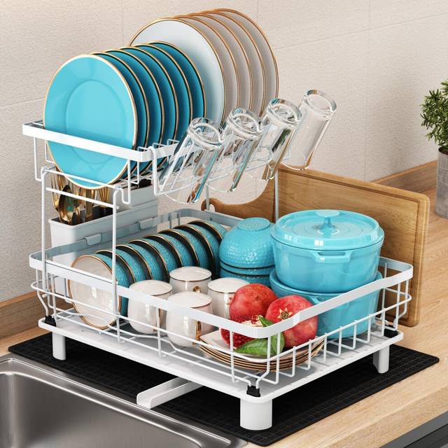 MAJALiS Dish Drying Rack, 2 Tier Dish Drainer Rack with Drip Tray and Drainer Mat, Stainless Steel Dish Rack with Utensil Holder, Swivel Spout,
