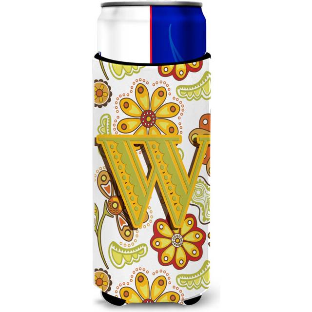 Letter W Floral Mustard and Green Ultra Beverage Insulators for slim cans CJ2003-WMUK