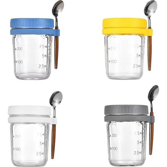 (350ml, 4pcs) Big Discount Oatmeal Smoothie Jar Glass Cereal Container Go Salad Containers Lid Overnight Oats Jars With Lids And Spoons
