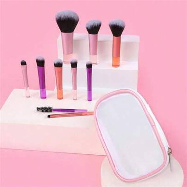 SHEIN 10pcs Pink Mini Makeup Brush Set With Pouch, Lightweight And Portable, Nylon Soft Hair Brushes Include Eyeshadow, Powder, Contour, Highlighter, Lash C