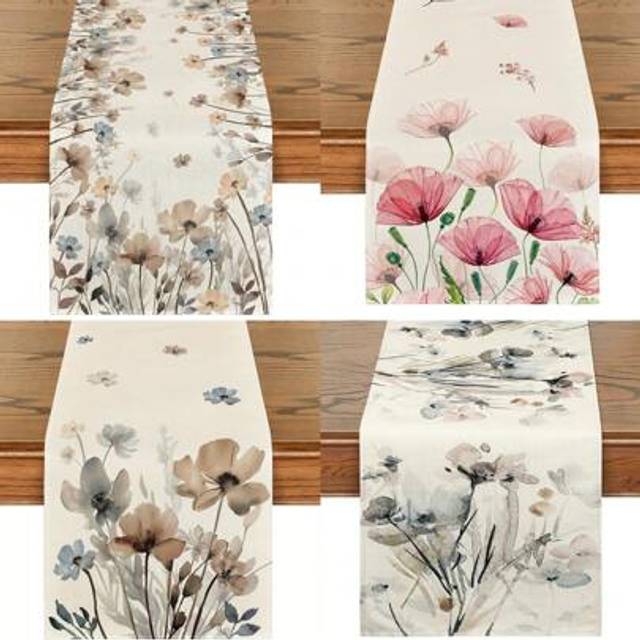 SHEIN Poppy Leaf Printed Brown & Red Spring Table Runner, Seasonal Summer Kitchen Dining Table Decor Cloth, Suitable For Home Party Decoration, Farmhouse Ki