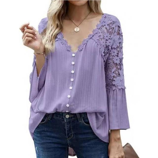(PURPLE, 2XL) Women Blouse V-neck 3/4 Flared Sleeve Solid Color Single Breasted Women Blouse Hollow Out Lace Stitching Loose Shirt Top