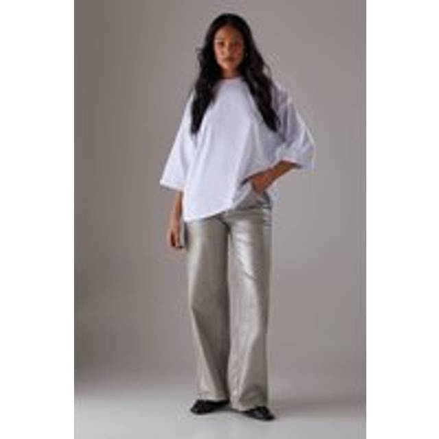 Womens Foil Coated High Waist Wide Leg Jeans - khaki - Khaki - 12
