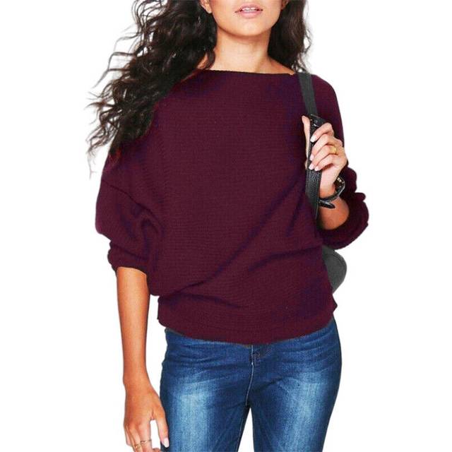 (Wine Red, XL) Womens Batwing Sleeve Knitted Thin Sweater Ladies Casual Baggy Solid Jumper Tops