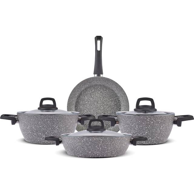Karaca Gris BioGranite 7 Piece Granite Cookware Pot and Pan Set, Non-Stick Coating, Dishwasher-Safe & Induction Granite Pot Set with Glass Lids and