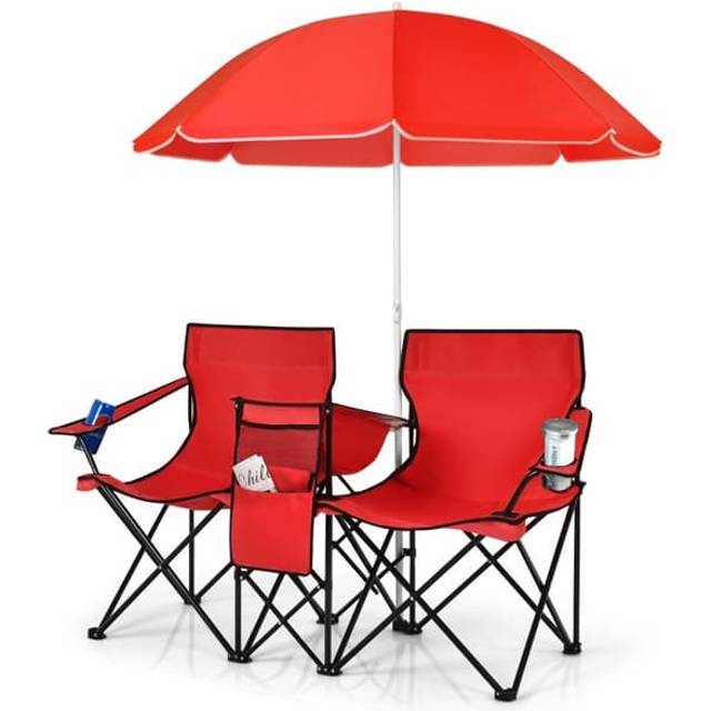 2-sits campingstol med parasoll fällbar fiskestol med bärväska röd