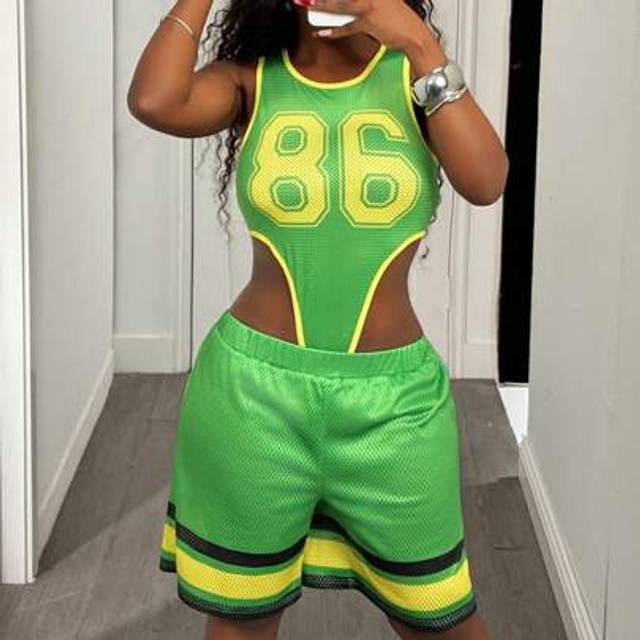 BamGleam Women&#39;s Loose Casual Round Neck Letter Mesh Green Bodysuit