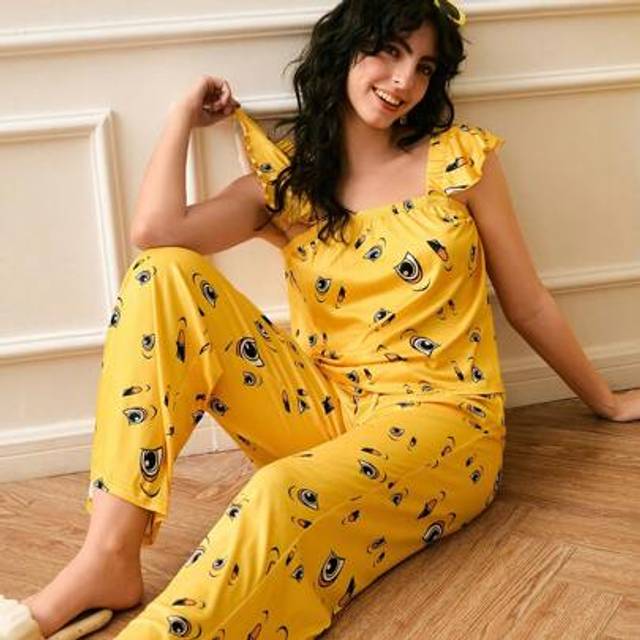 SHEIN 2pcs Women&#39;s Cute Peter Pan Collar Duck Print Pajama Set