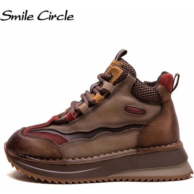(red, 40) Genuine Leather Women Sneakers Round Toe Thick Bottom Trainers Comfortable Fashion Casual Shoes